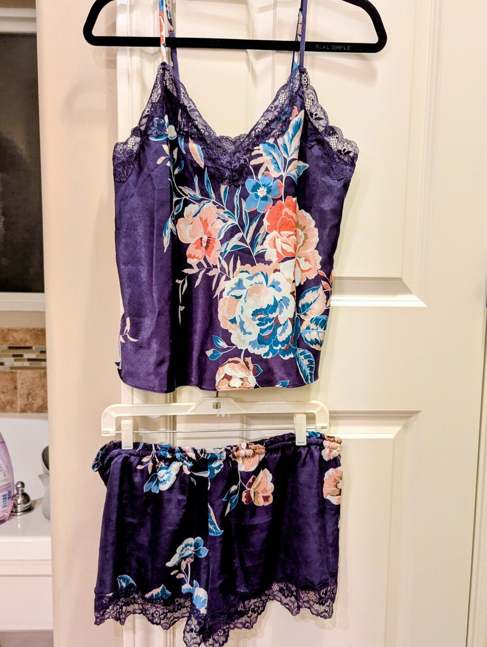 Floral Lace-Trim Satin Cami & Short Set - Purple Floral